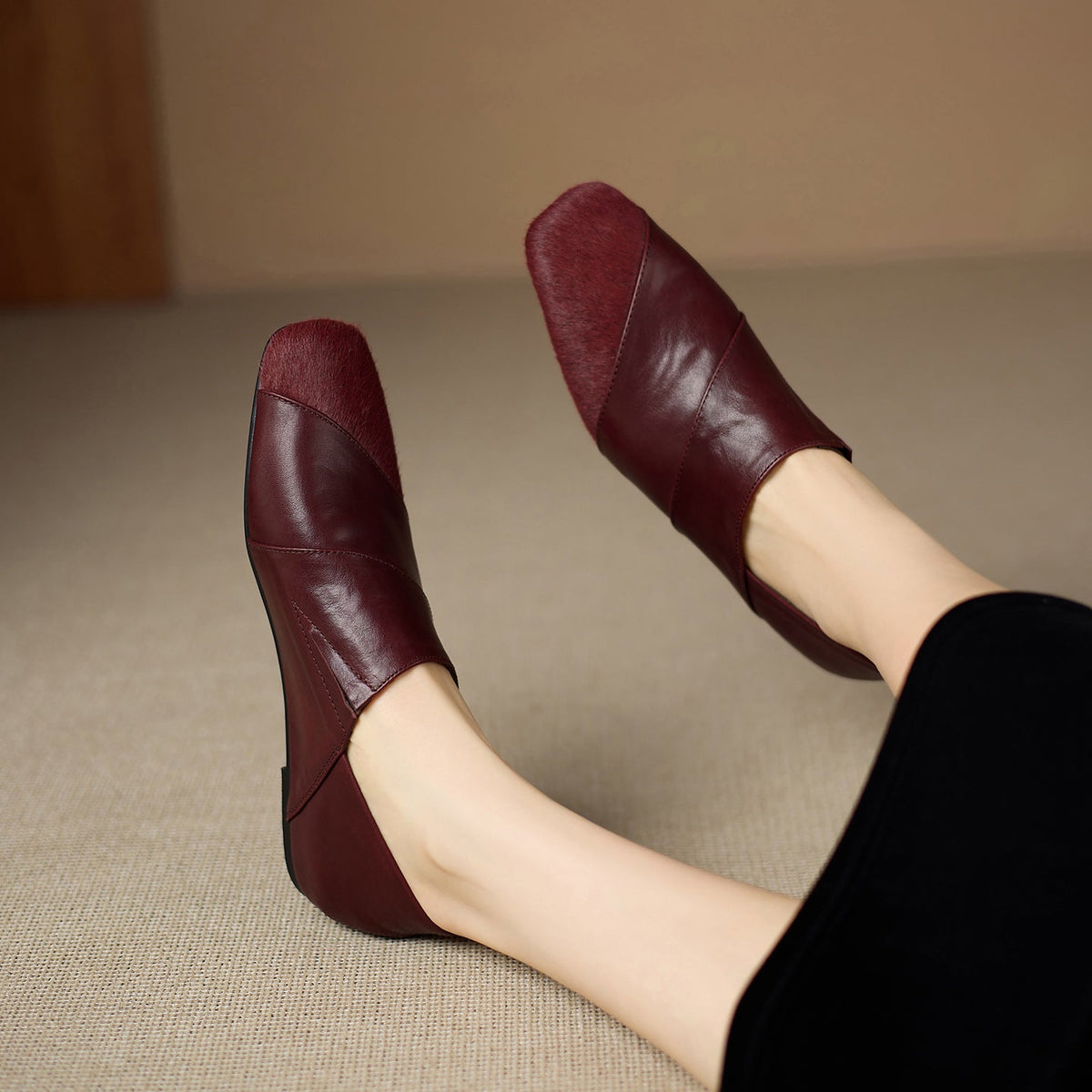 Spring Vintage Leather Horse Hair Patchwork Soft Sole Flats