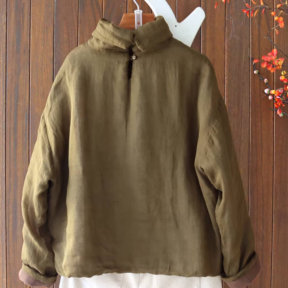 Winter Ramie Solid Color High Neck Cotton-In Green Tops