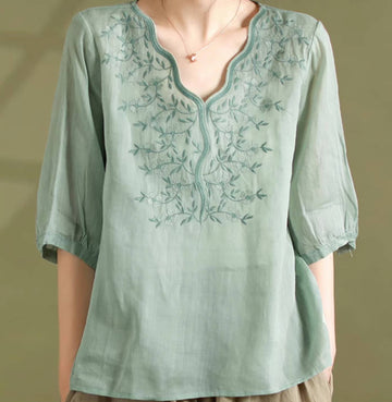 Vintage Women V-Neck Cotton Cap Sleeve  Embroidered  Top