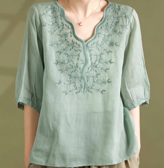 Vintage Women V-Neck Cotton Cap Sleeve  Embroidered  Top