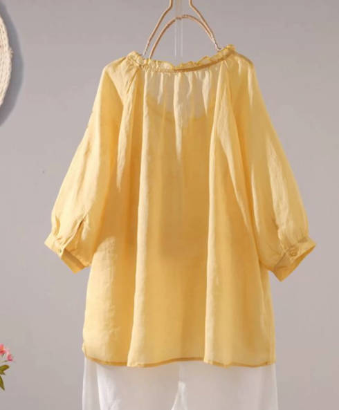 Retro Linen Cotton Embroidered Ruffled Collar Cotton Pullover Shirt Blouses