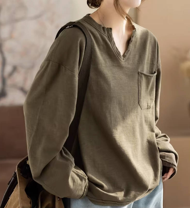 Retro Bamboo Cotton V-Neck Pocket Curling-Up Casual Tops