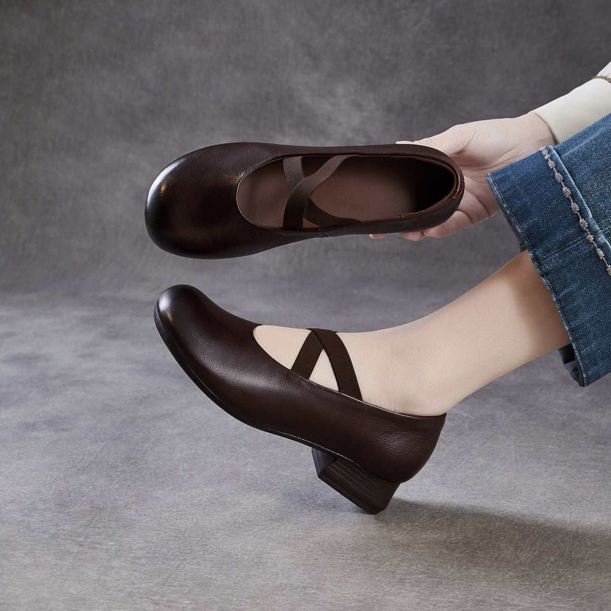 Spring Elegant Leather Elastic Crossing Straped Low Heel Shoes