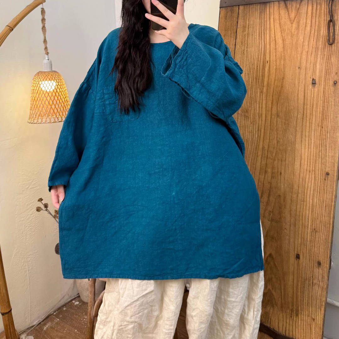 Spring Linen Round Neck Plus Loose Casual Colorful Tops