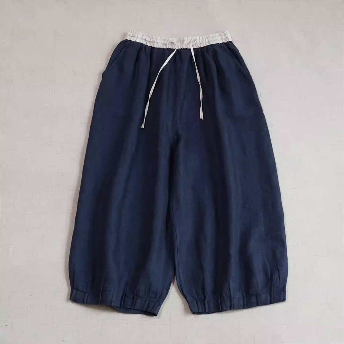 Spring Linen Patchwork Casual Everyday Elastic Waist Wide Legs Pants
