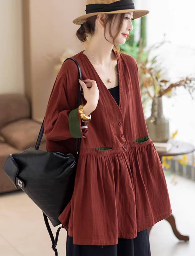 Retro Spring Cotton V-Neck Patchwork Versatile Long Loose Tops