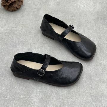 Sheepskin Leather Square Toe One Straped Shallow Elegant Flats