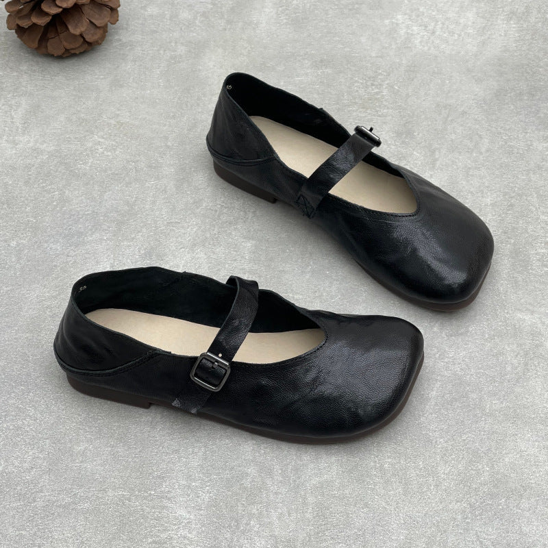 Sheepskin Leather Square Toe One Straped Shallow Elegant Flats