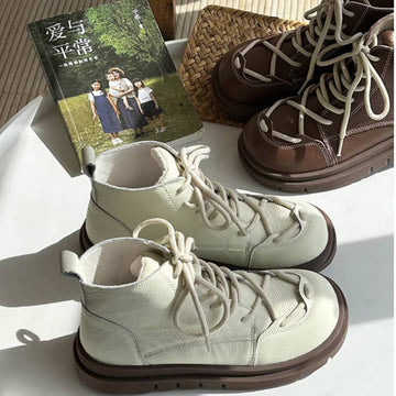 Retro Leather Stylish Round Toe Thick Soft Sole Lace-Up Ankle Boots