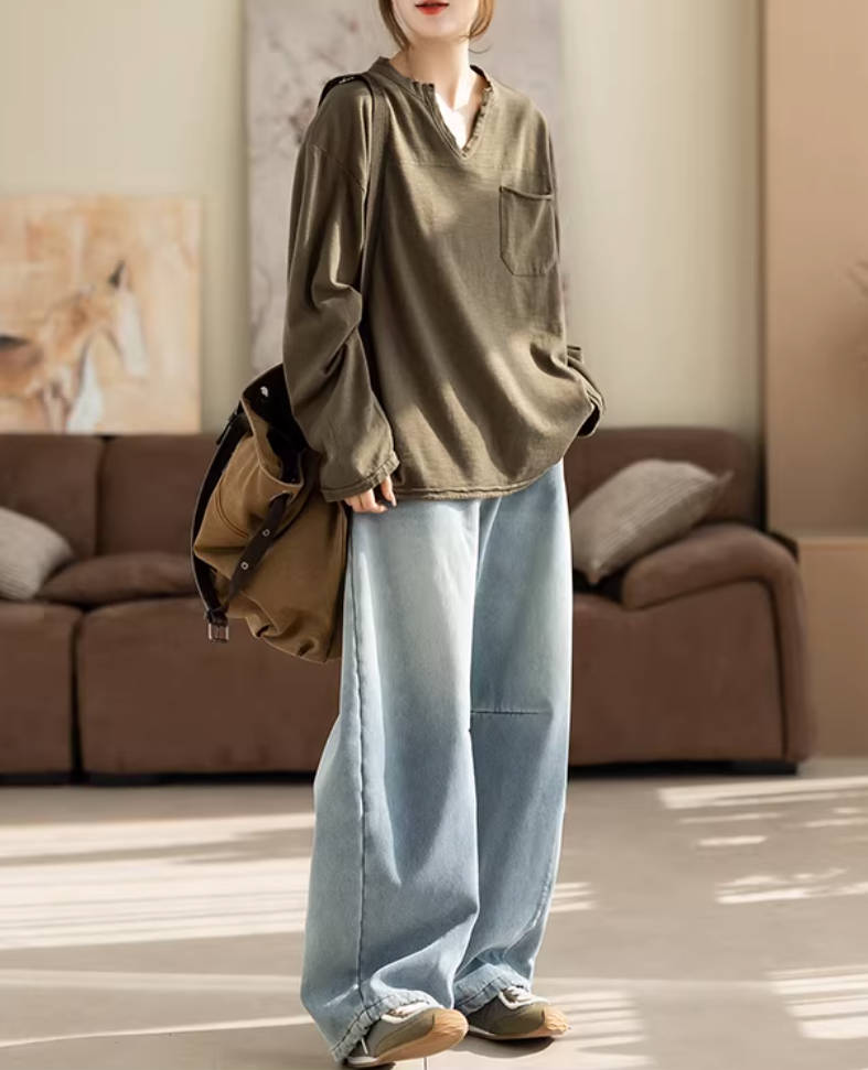 Retro Bamboo Cotton V-Neck Pocket Curling-Up Casual Tops