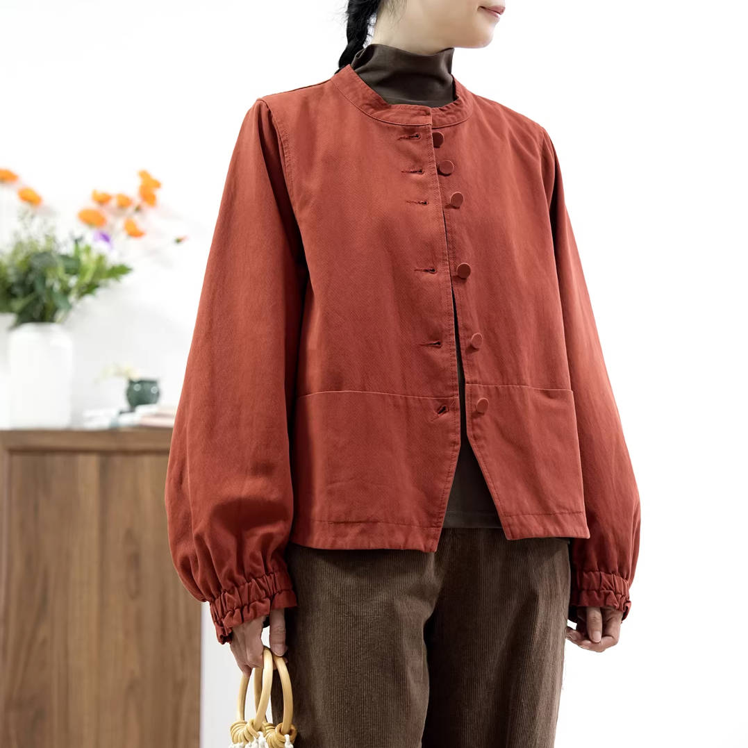 Spring Cotton Round Neck Solid Color Single-Breasted Jacket