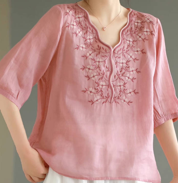Vintage Women V-Neck Cotton Cap Sleeve  Embroidered  Top