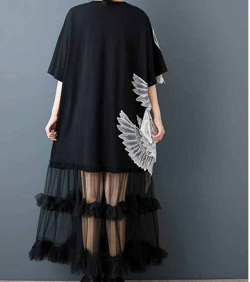 Loose Plus-Size 3D Embroidered Wings Ruched Tulle Patchwork Designer Dress
