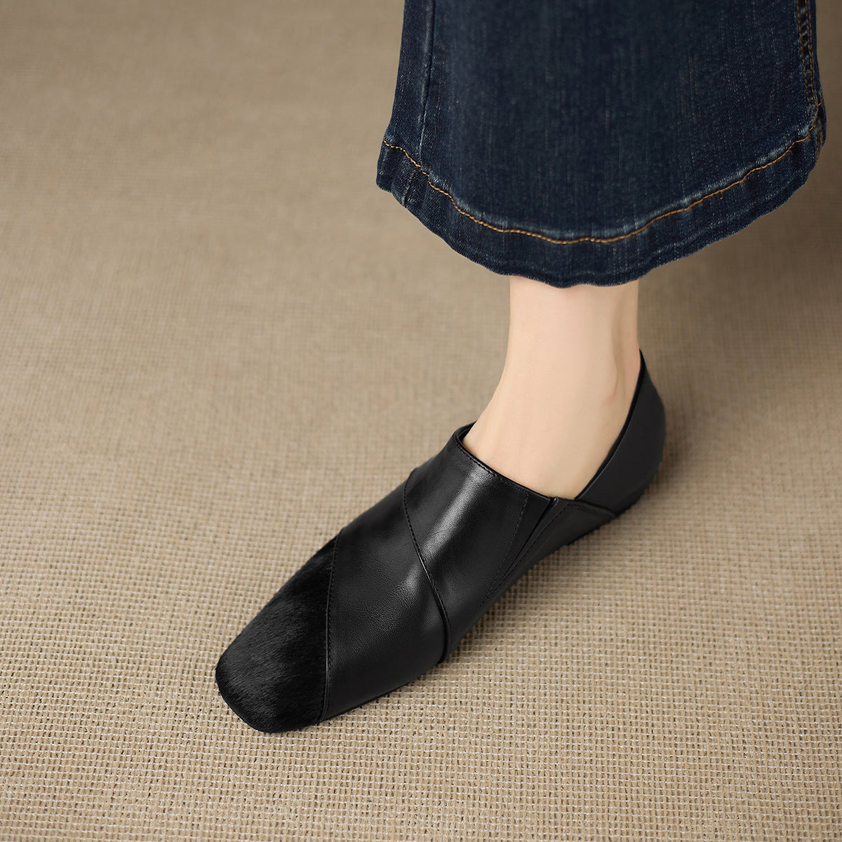 Spring Vintage Leather Horse Hair Patchwork Soft Sole Flats