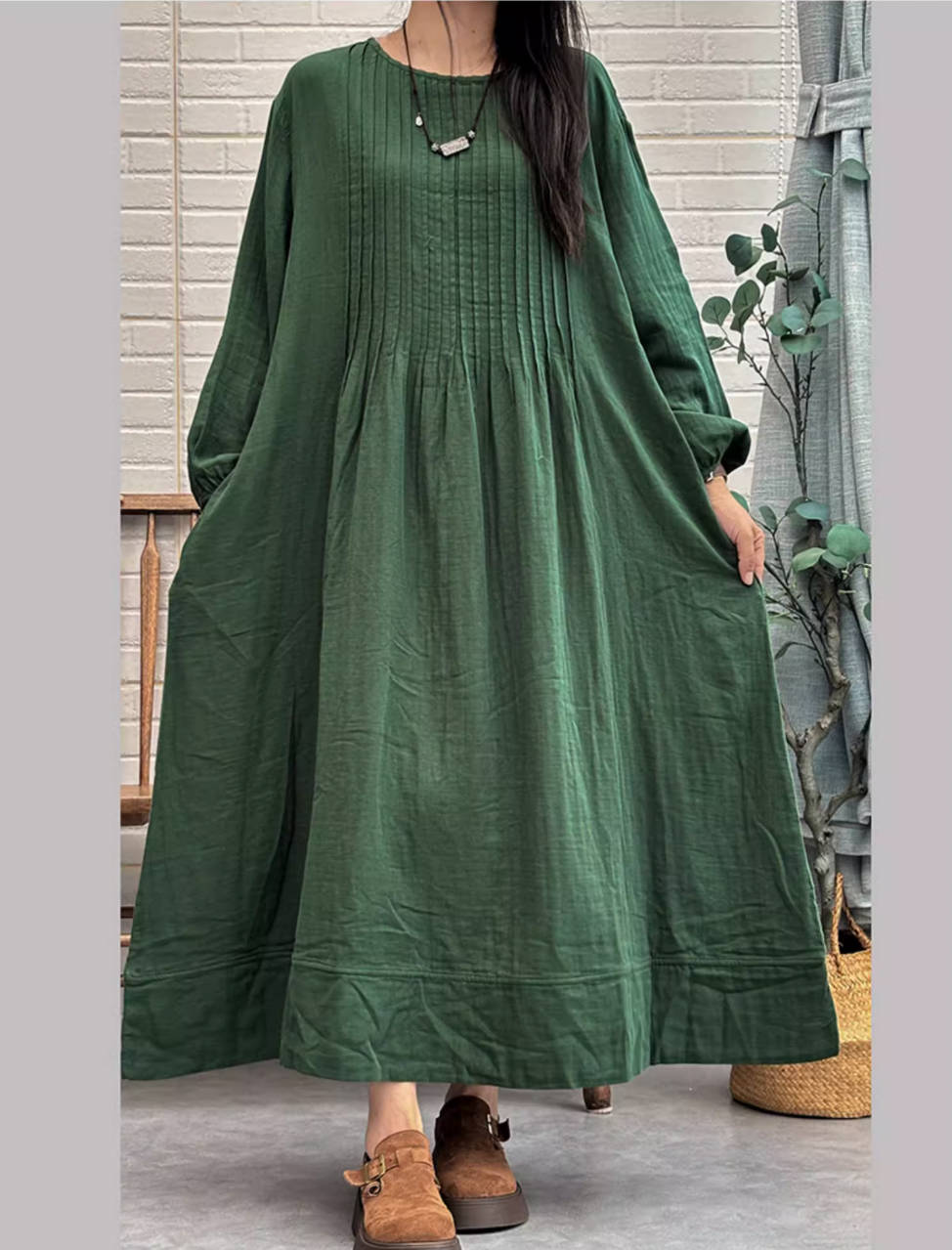 Solid Color Cotton Plus Size Loose Long Sleeves Dress