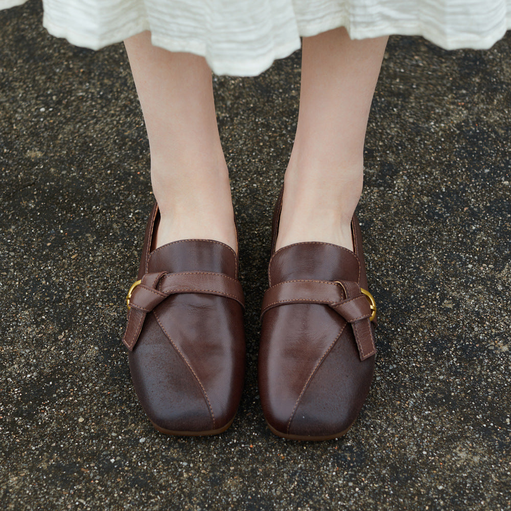 Square Toe Genuine Leather Straped Fashion Light Soft Sole Flats