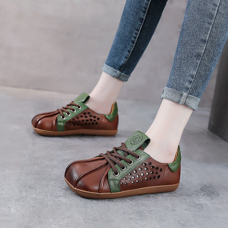 Spring Leather Patchwork Stylish Hallow Soft Sole Flat Shoes