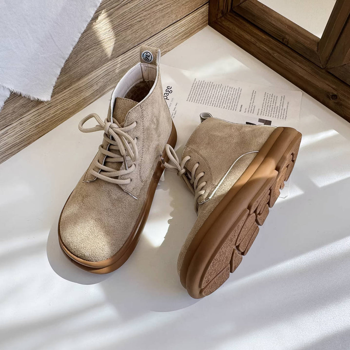 Versatile Top Leather Sueded Warm Flat Soft Sole Lace-Up Boots