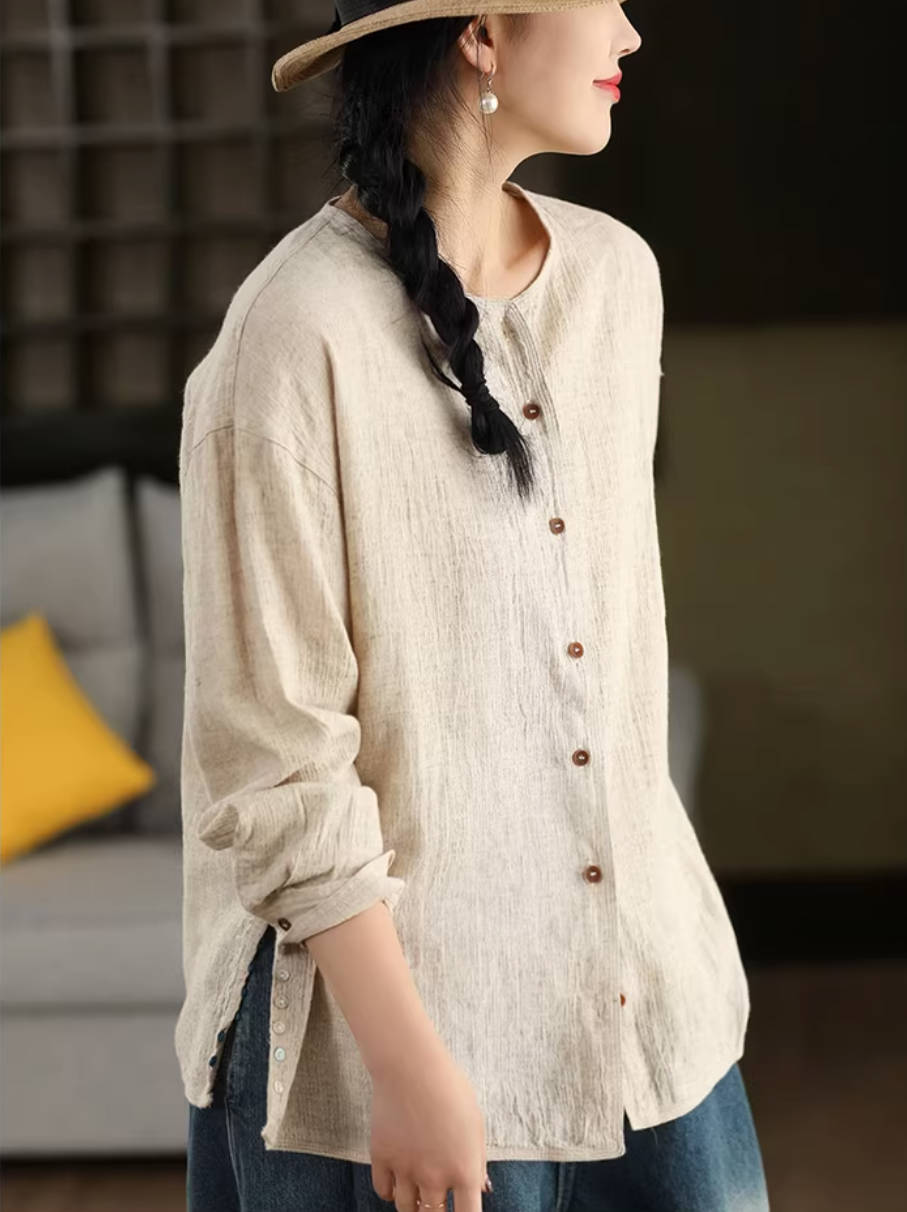 High Quality Ramie Spring Round Neck Single-Breasted Casual Shirt