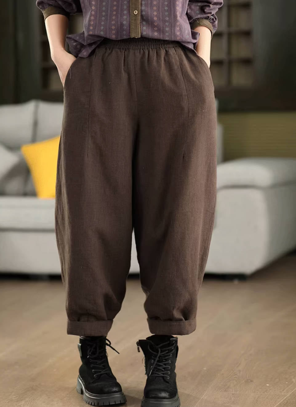 Winter Retro Ramie Washed Warm Cotton-In Loose Harem Pants