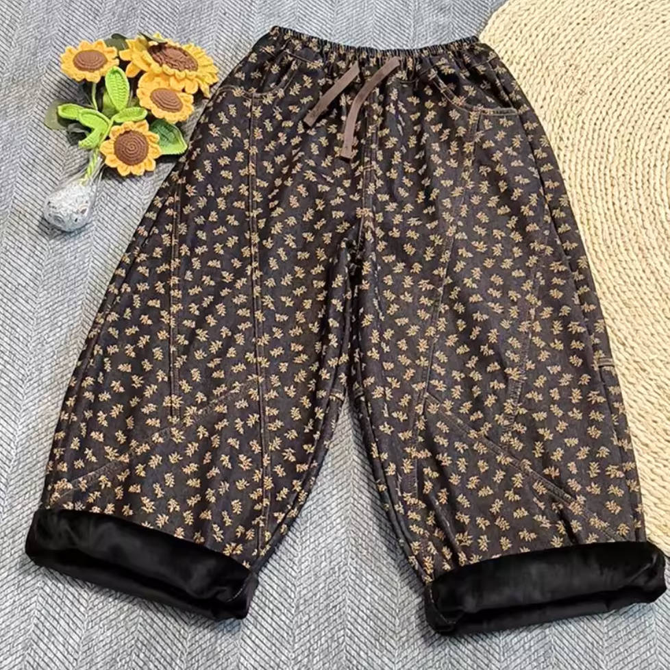 Winter Denim Retro Floral Printed Warm Plush Lace-Up Harem Pants