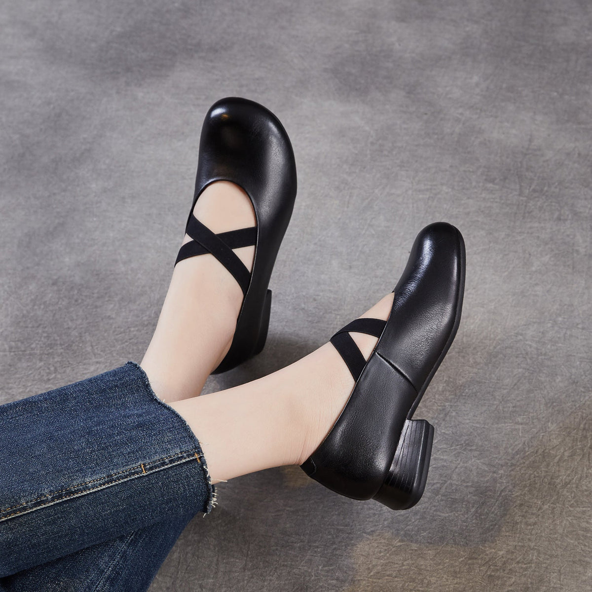 Spring Elegant Leather Elastic Crossing Straped Low Heel Shoes
