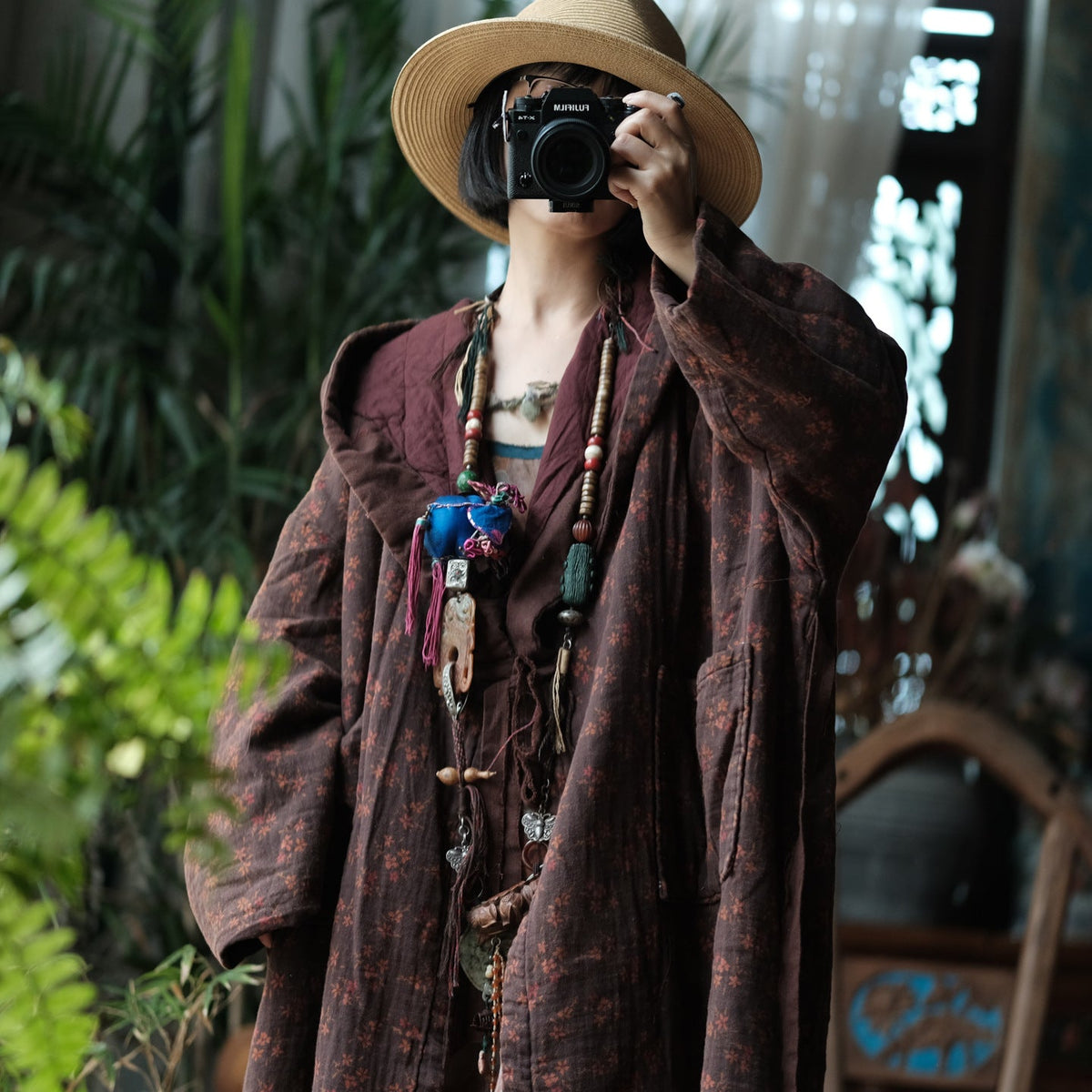 Winter Cotton Retro Washed Printed Hoodies Plus Size Thick Long Coat
