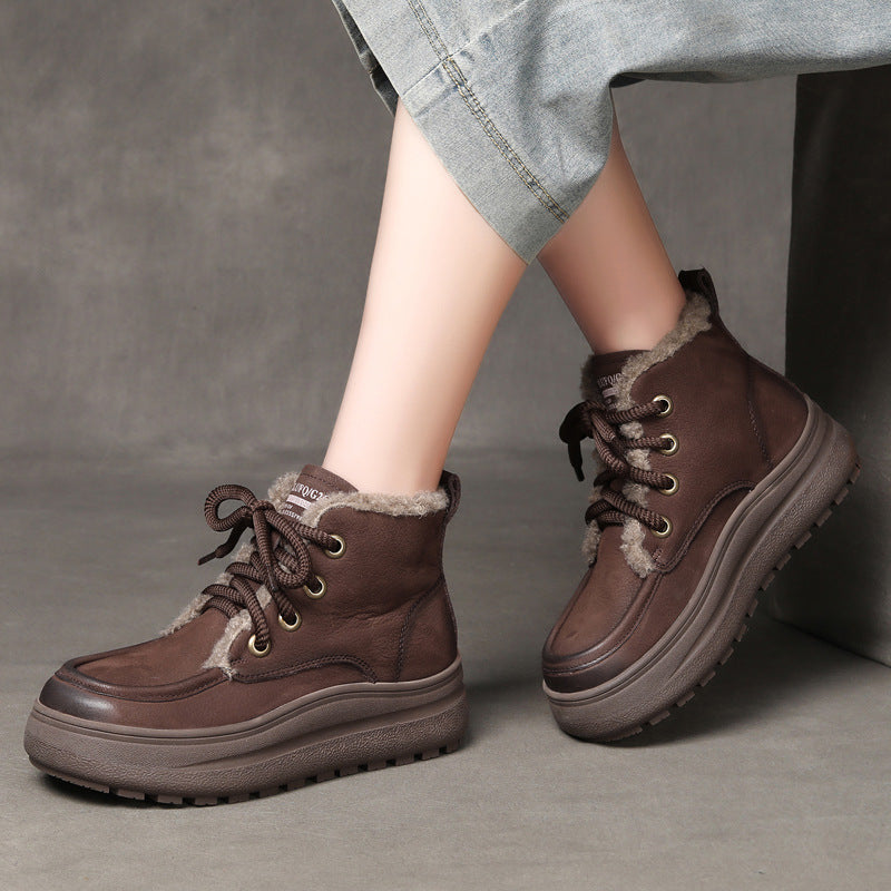 Winter Retro Leather Platform Plush Warm Lace-Up Flat Ankle Boots