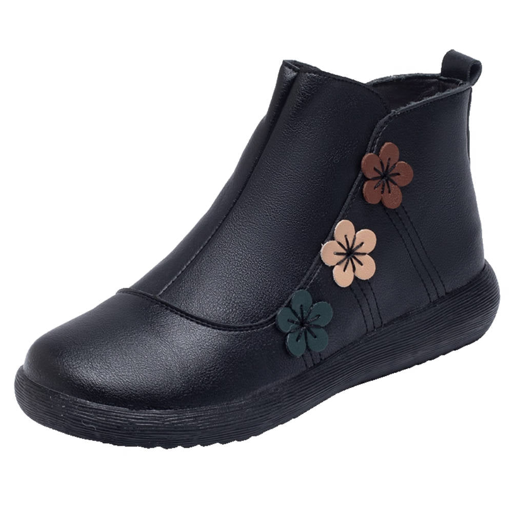 Retro Winter Leather Floral Warm Soft Sole Plush Ankle Boots