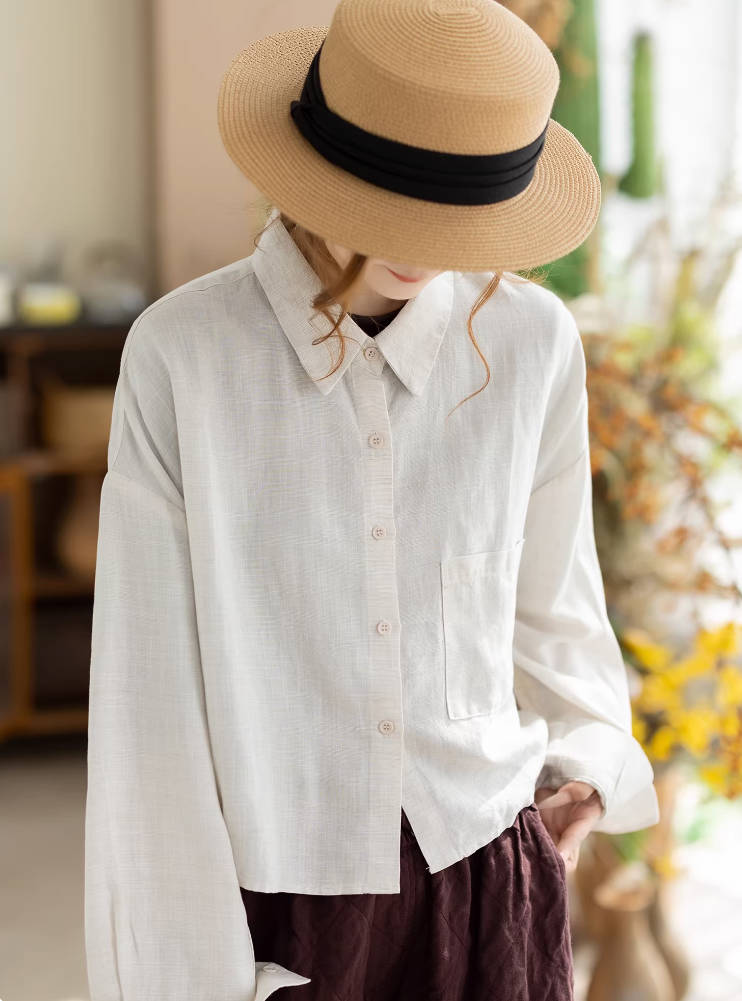 Spring Retro Ramie Lapel Long Sleeves Versatile Comfy Short Shirt