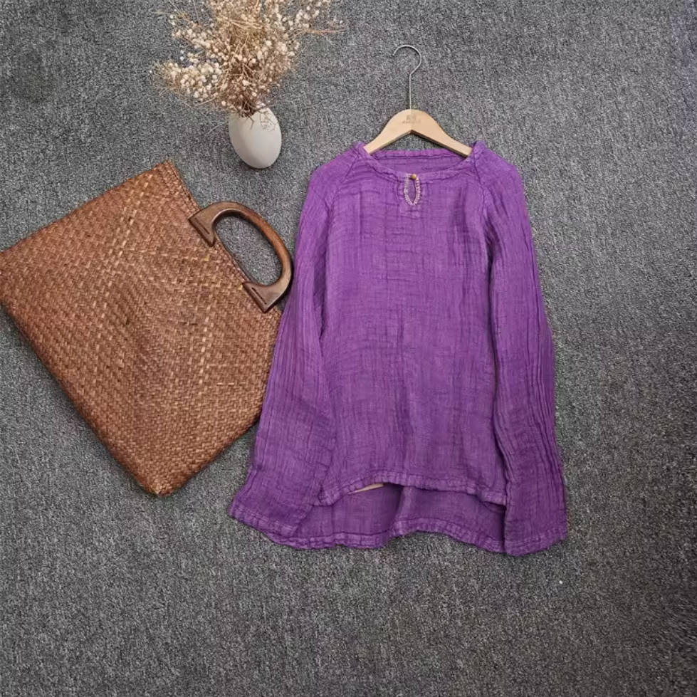 Retro Linen Spring Round Neck Simple Casual Embroidered Tops