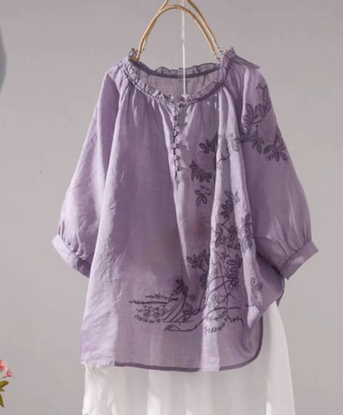 Retro Linen Cotton Embroidered Ruffled Collar Cotton Pullover Shirt Blouses