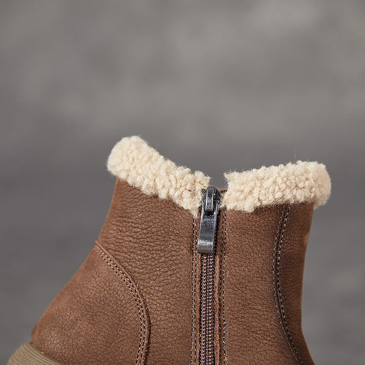 Winter Warm Leather Plush Round Toe Simple Zipper Ankle Boots