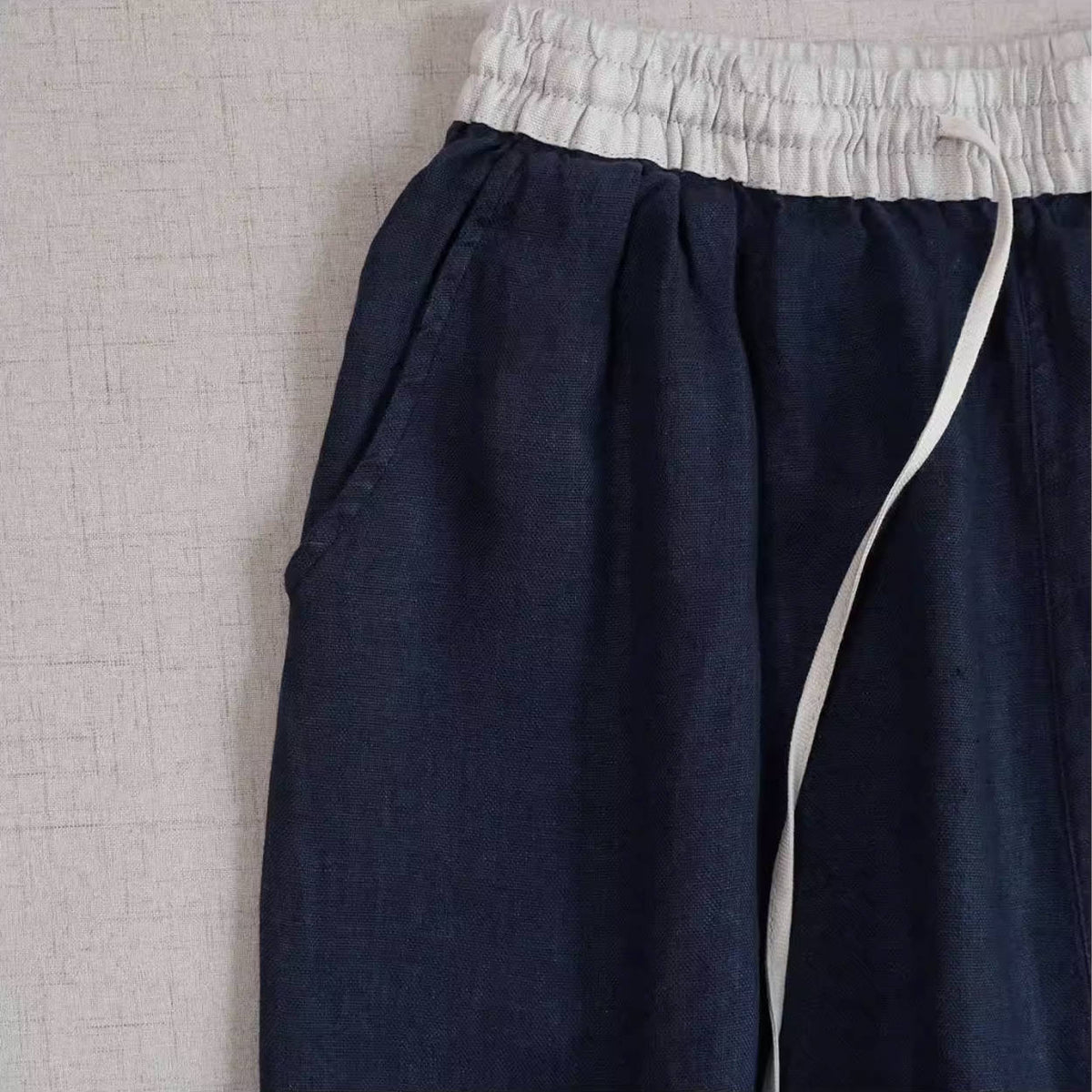 Spring Linen Patchwork Casual Everyday Elastic Waist Wide Legs Pants