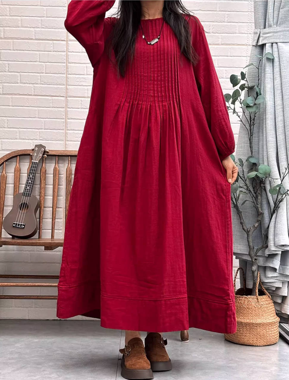 Solid Color Cotton Plus Size Loose Long Sleeves Dress