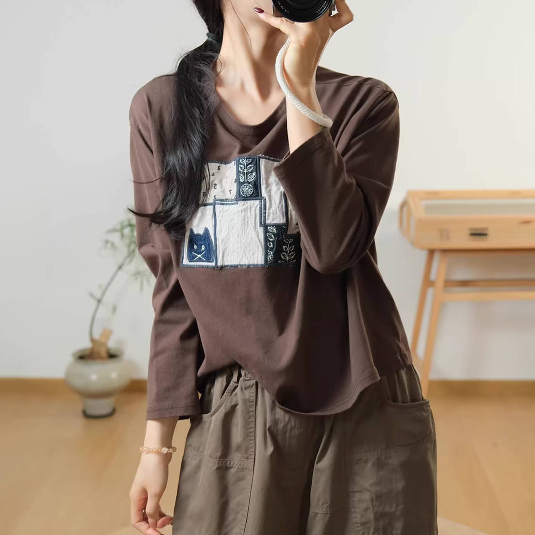 Spring Cotton Patchwork Round Neck Slim Thin Comfy Tops