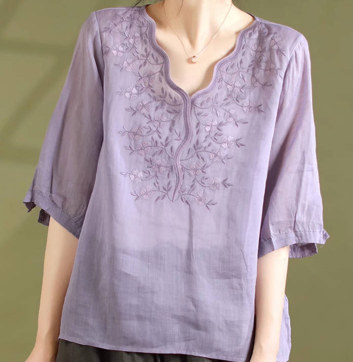 Vintage Women V-Neck Cotton Cap Sleeve  Embroidered  Top