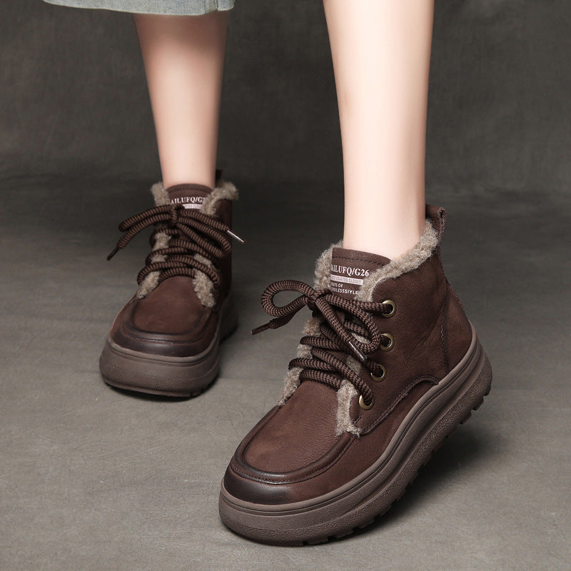 Winter Retro Leather Platform Plush Warm Lace-Up Flat Ankle Boots