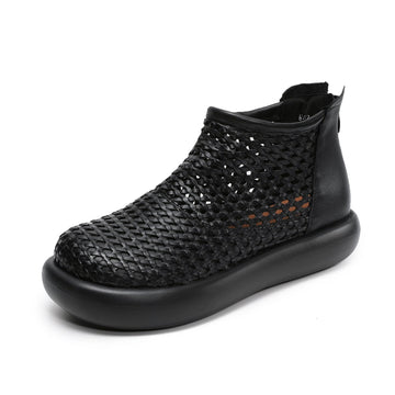 Babakud Retro Leather Woven Hallow Breathable Soft Sole Ankle Boots