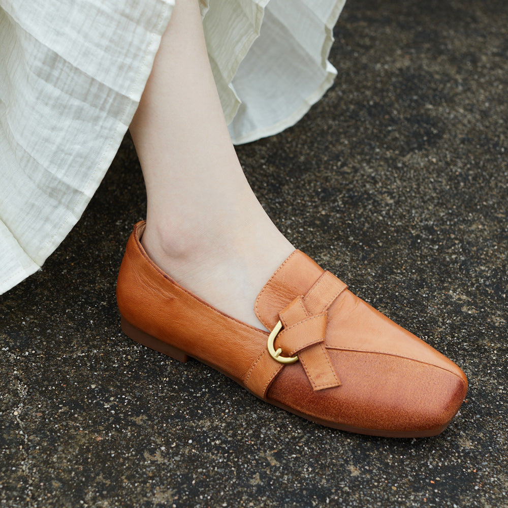 Square Toe Genuine Leather Straped Fashion Light Soft Sole Flats