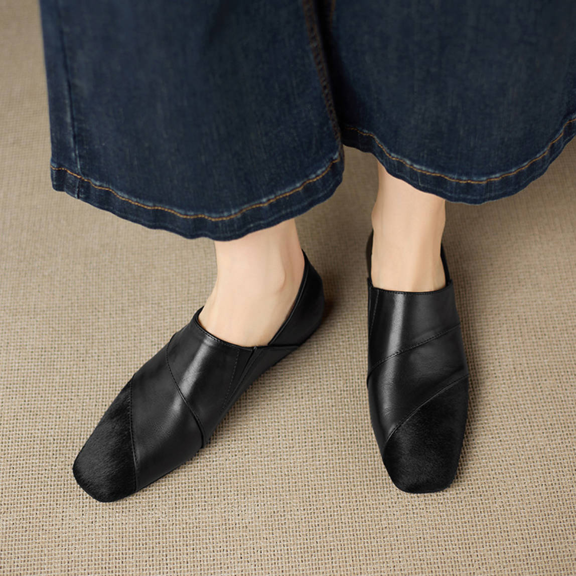 Spring Vintage Leather Horse Hair Patchwork Soft Sole Flats