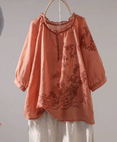 Retro Linen Cotton Embroidered Ruffled Collar Cotton Pullover Shirt Blouses