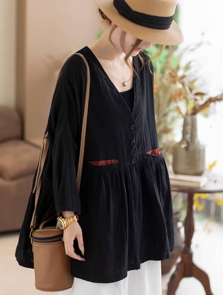 Retro Spring Cotton V-Neck Patchwork Versatile Long Loose Tops