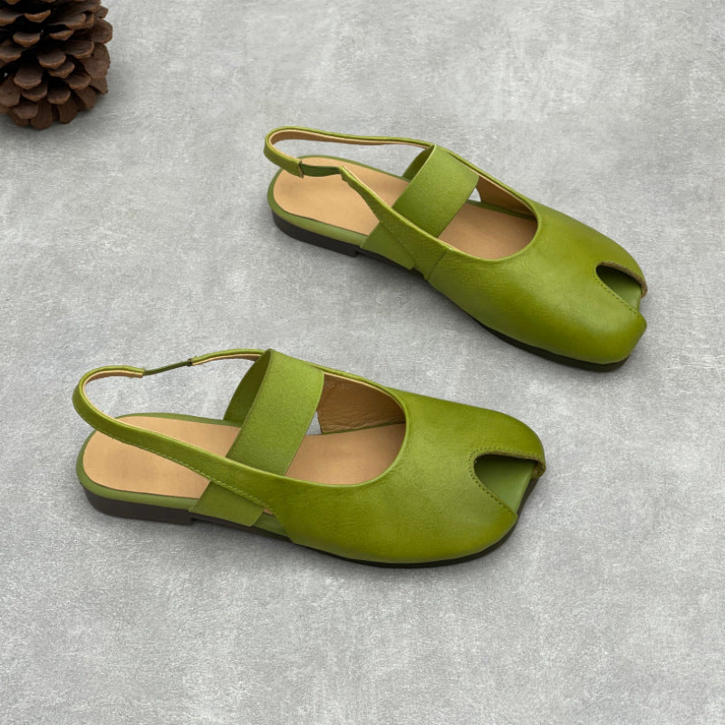 Summer Lazy Leather Square Toe Soft Everyday Flat Sole Slip-Ons