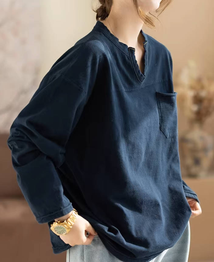 Retro Bamboo Cotton V-Neck Pocket Curling-Up Casual Tops