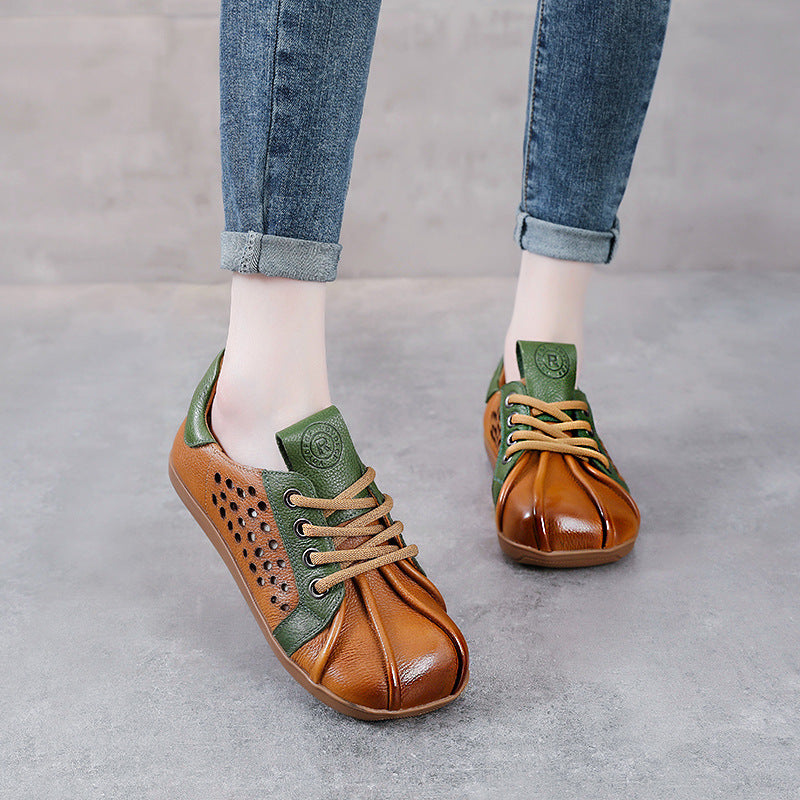 Spring Leather Patchwork Stylish Hallow Soft Sole Flat Shoes