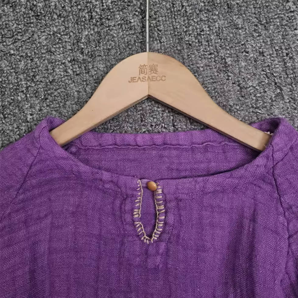 Retro Linen Spring Round Neck Simple Casual Embroidered Tops