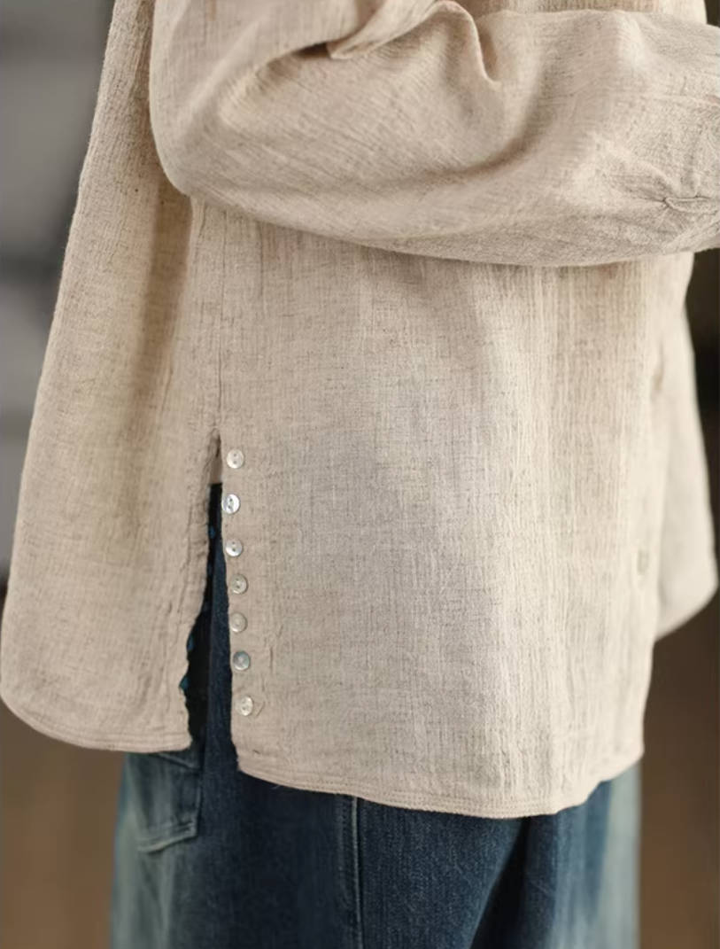 High Quality Ramie Spring Round Neck Single-Breasted Casual Shirt