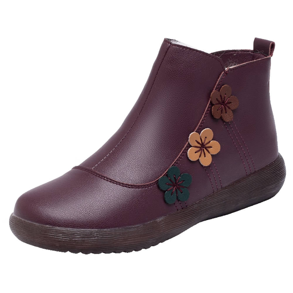 Retro Winter Leather Floral Warm Soft Sole Plush Ankle Boots