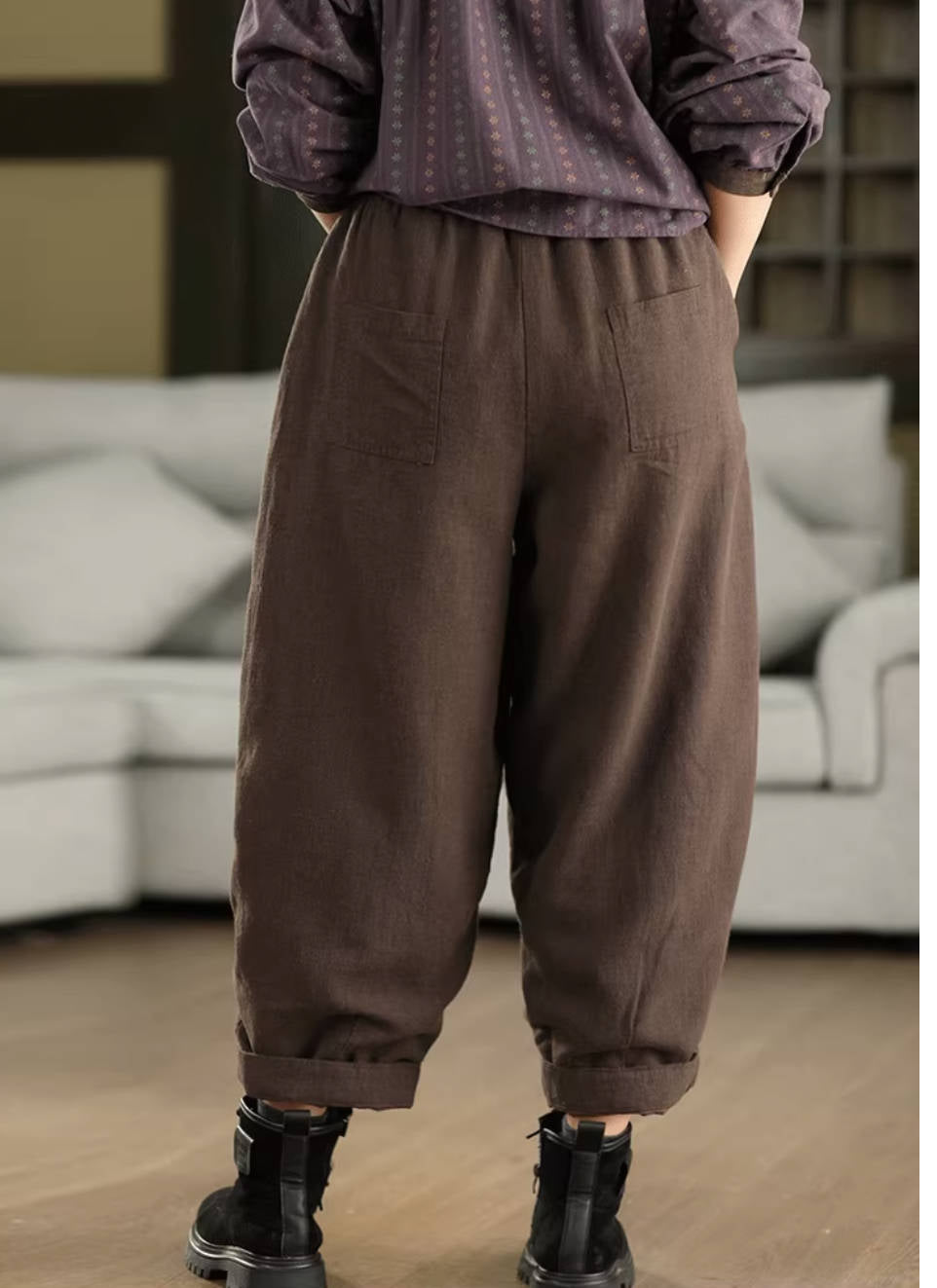 Winter Retro Ramie Washed Warm Cotton-In Loose Harem Pants